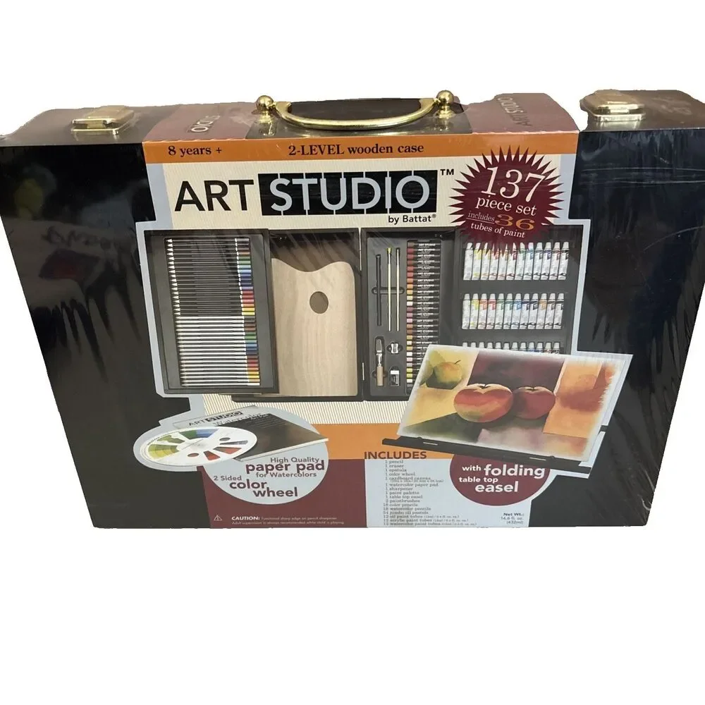 Battat Art Studio 2-Level Wooden Case 137 Piece Set, Includes 36 tubes of paint